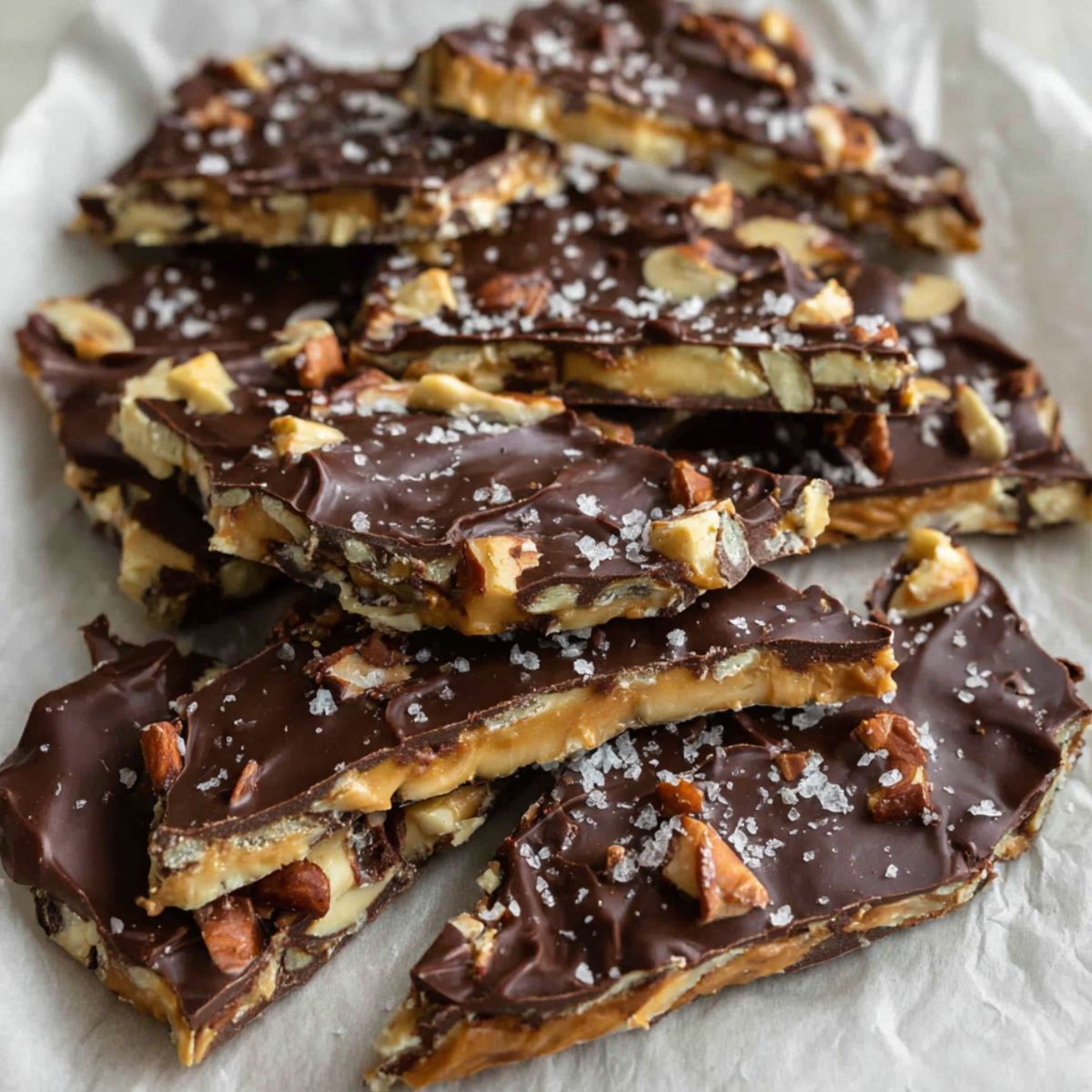 Homemade date snickers bark cut into rustic squares on parchment paper
