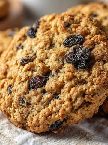 Homemade healthy oatmeal raisin cookies on a white counter, overhead view