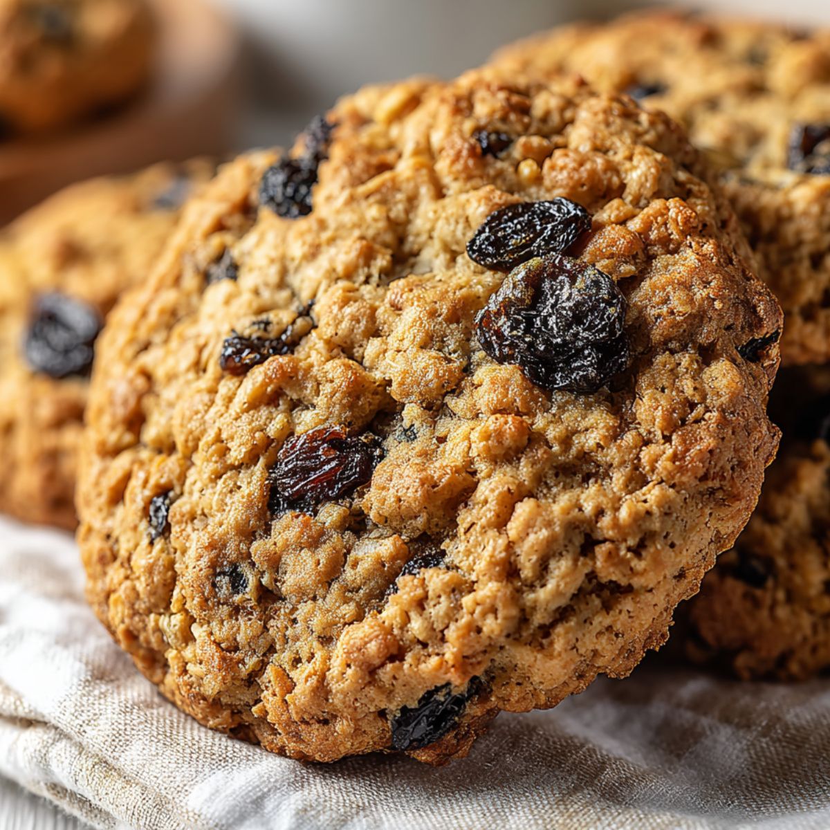 Homemade healthy oatmeal raisin cookies on a white counter, overhead view