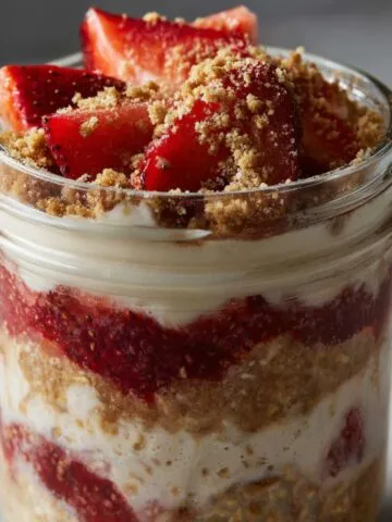 Featured strawberry cheesecake overnight oats in a mason jar on a kitchen counter