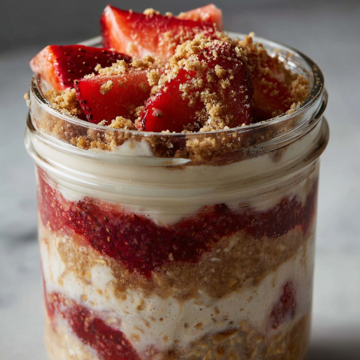 Featured strawberry cheesecake overnight oats in a mason jar on a kitchen counter