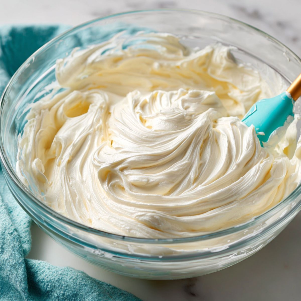 Freshly made whipped cream cheese icing in a mixing bowl on a white kitchen counter, top-down view.