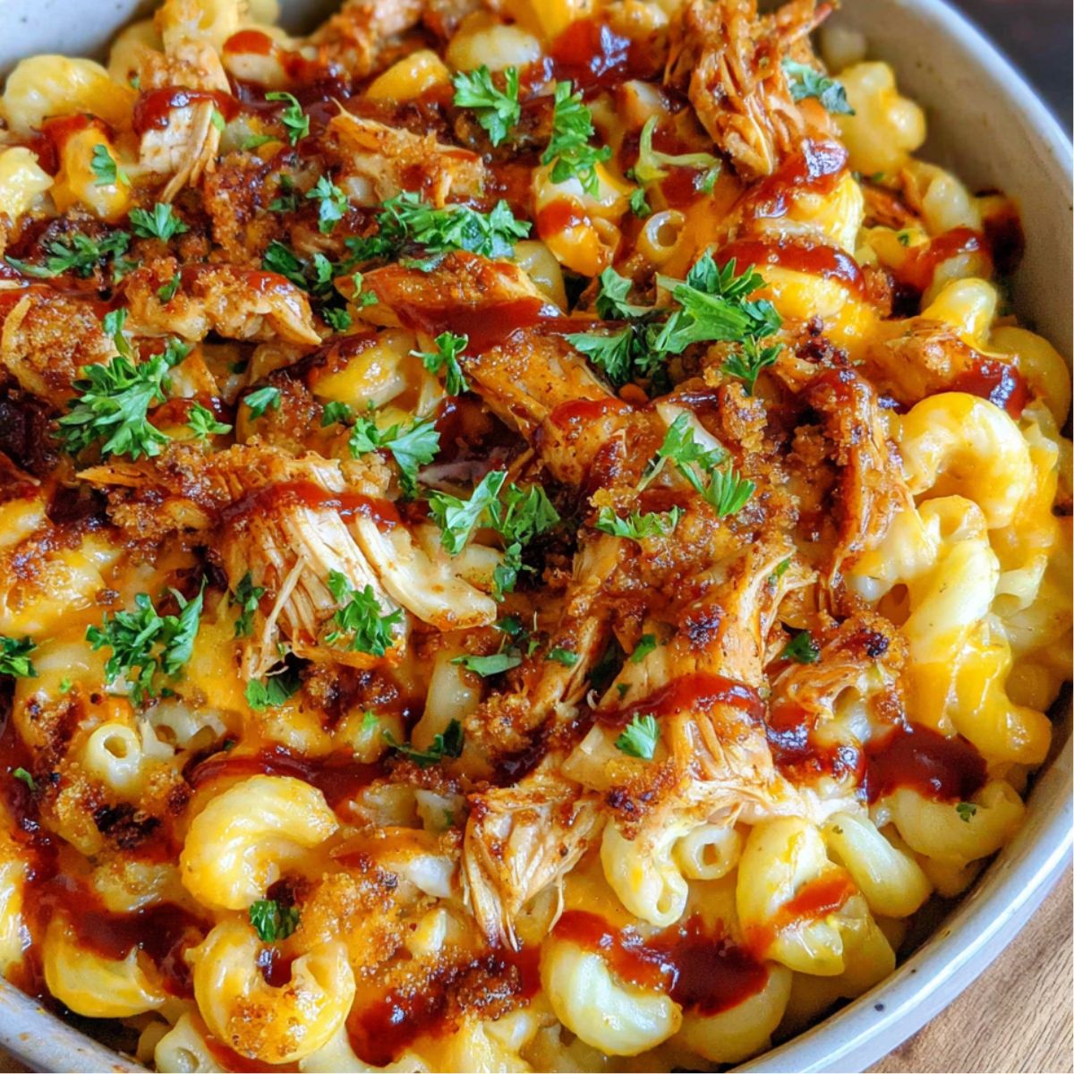 Homemade BBQ chicken mac and cheese baked in a rustic dish on a white kitchen counter.
