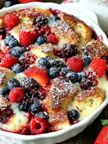 Overhead shot of a homemade berry croissant bake with golden croissants and fresh berries on a white kitchen counter.