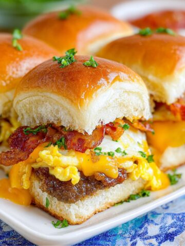 Homemade breakfast sliders on Hawaiian rolls with eggs, bacon and cheese on a white kitchen counter.