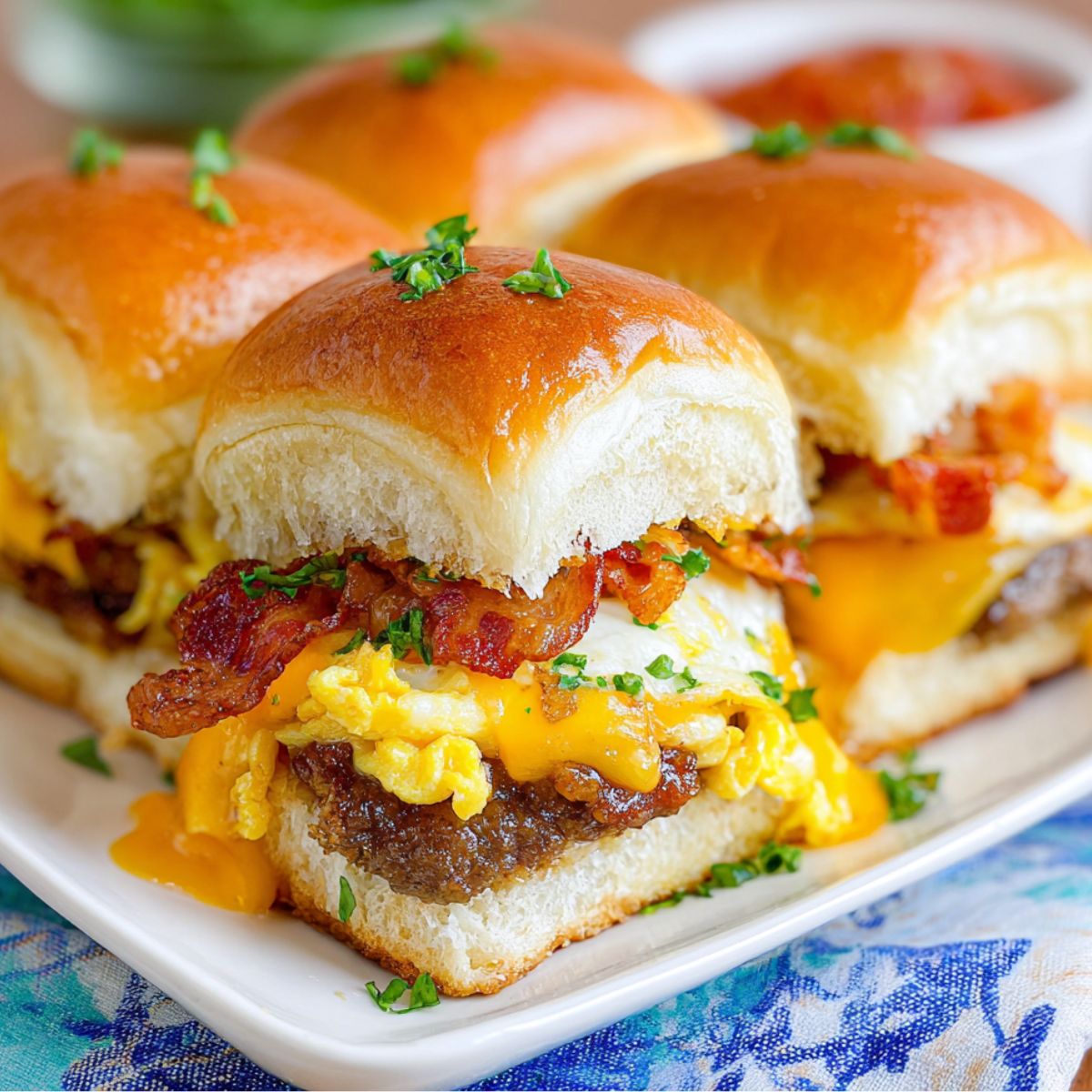 Homemade breakfast sliders on Hawaiian rolls with eggs, bacon and cheese on a white kitchen counter.