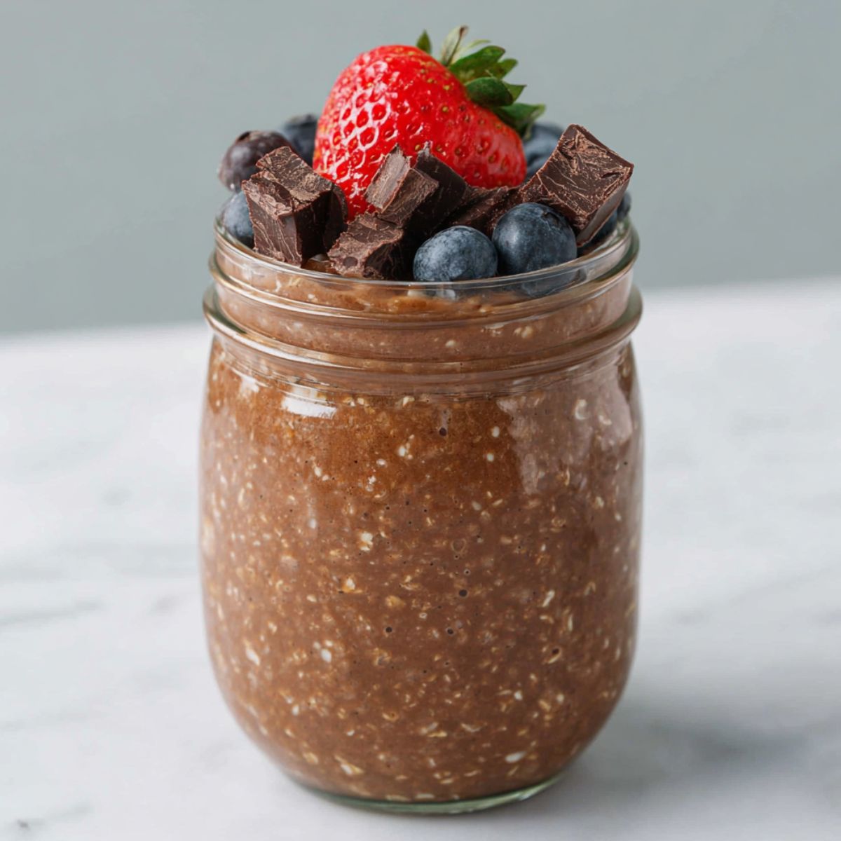 Overhead shot of homemade brownie batter overnight oats in a jar on a kitchen counter