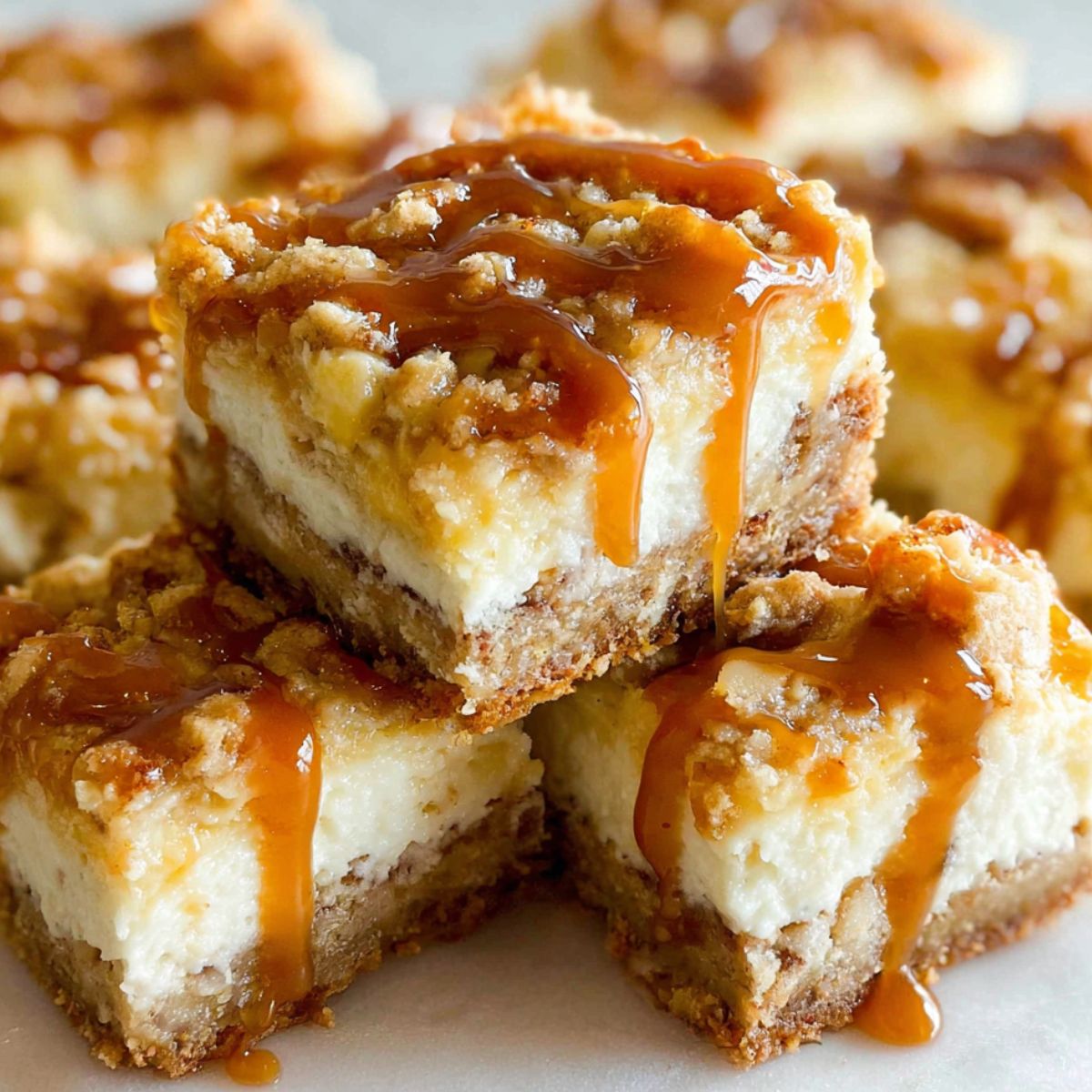 Homemade caramel apple cheesecake bars with caramel drizzle on white kitchen counter, top-down view