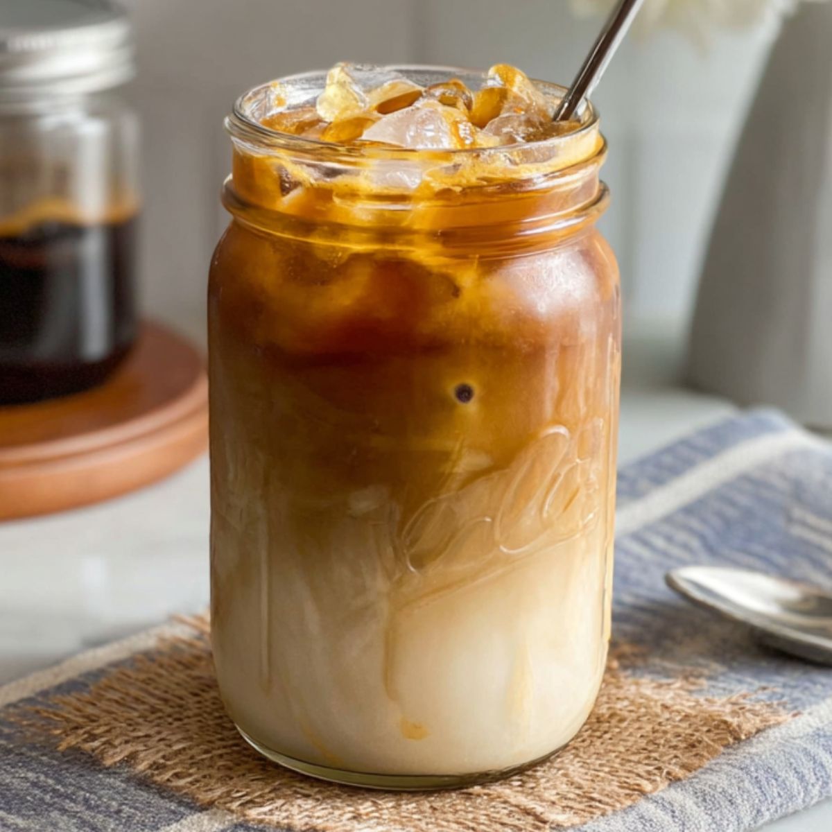 Homemade caramel iced coffee with whipped cream and caramel drizzle on a white kitchen counter