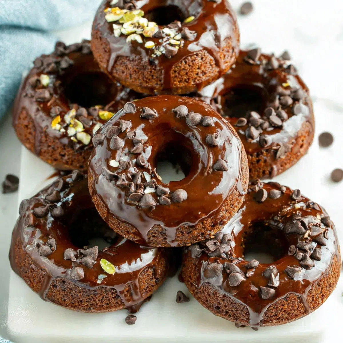 Homemade chocolate protein donuts on a white counter.