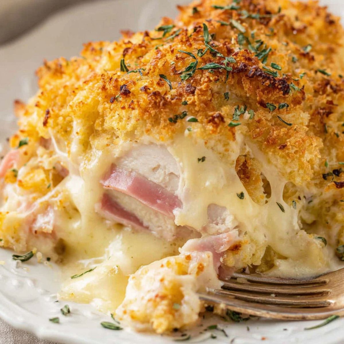 Homemade chicken cordon bleu casserole with golden breadcrumb topping in a white plate.