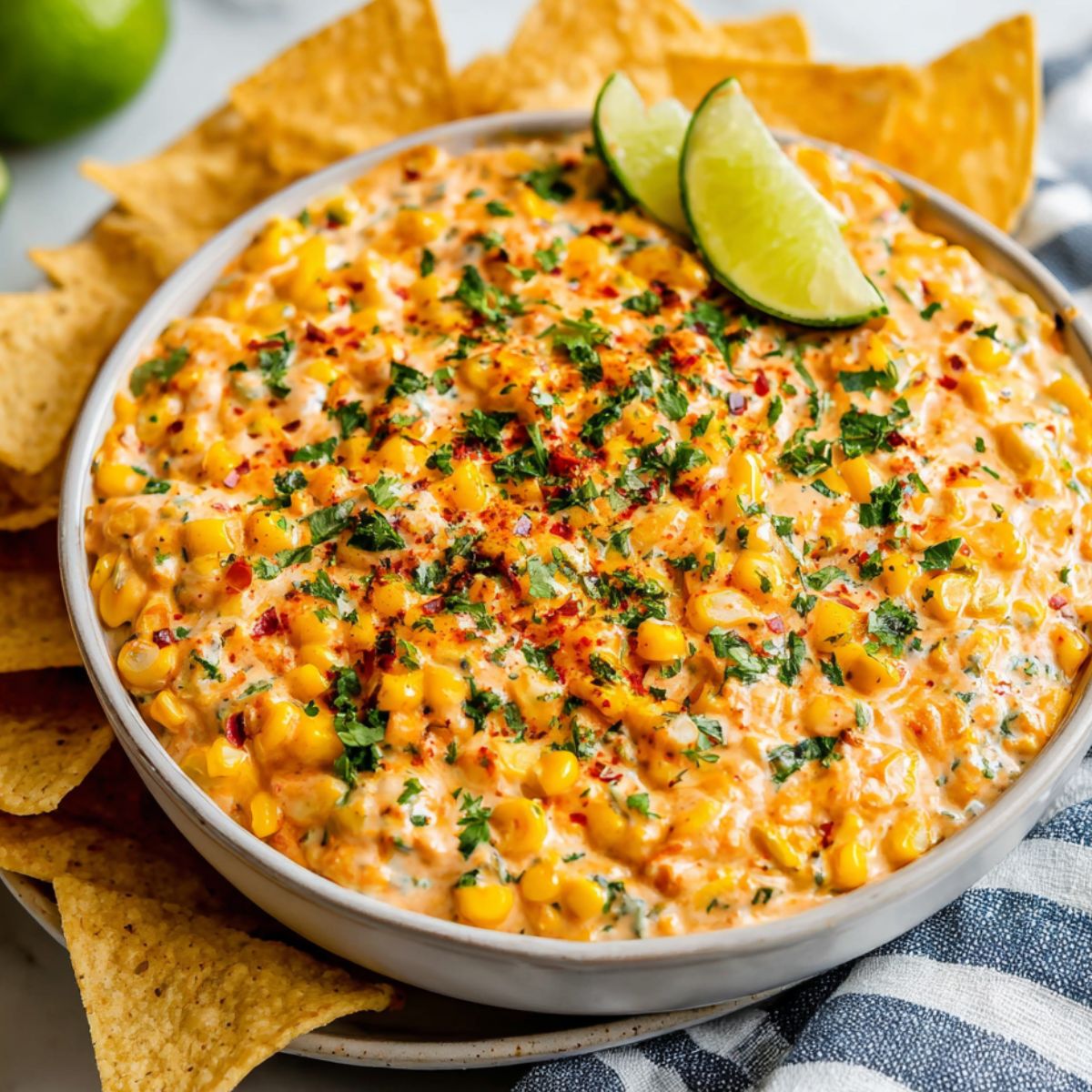 Homemade Mexican street corn dip topped with cheese and cilantro, served with tortilla chips.