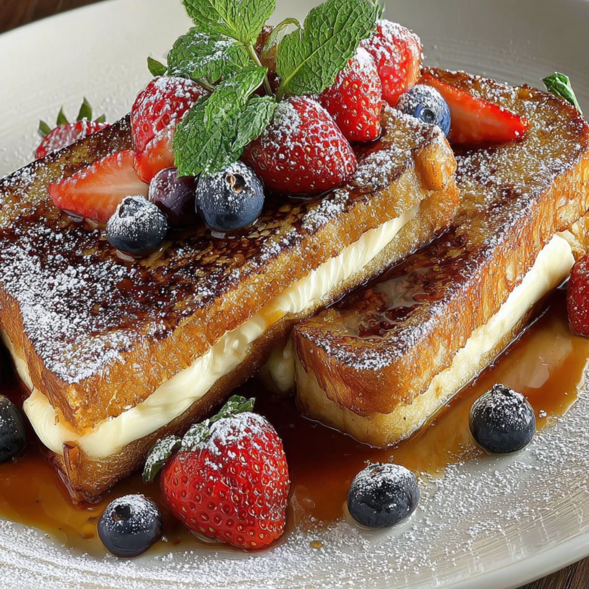 Homemade crème brûlée French toast with caramelized sugar topping, dusted with powdered sugar and fresh berries on a white kitchen counter.