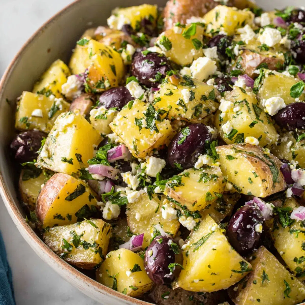 Homemade Greek potato salad with feta, olives, and herbs served in a bowl on a white kitchen counter.