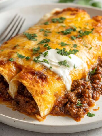 Freshly baked ground beef enchiladas with melted cheese and cilantro on a white kitchen counter