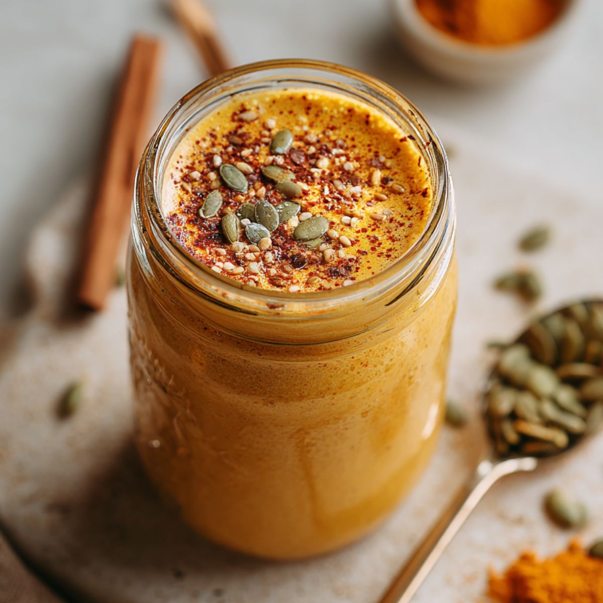  Homemade healthy pumpkin smoothie in a mason jar on white kitchen counter