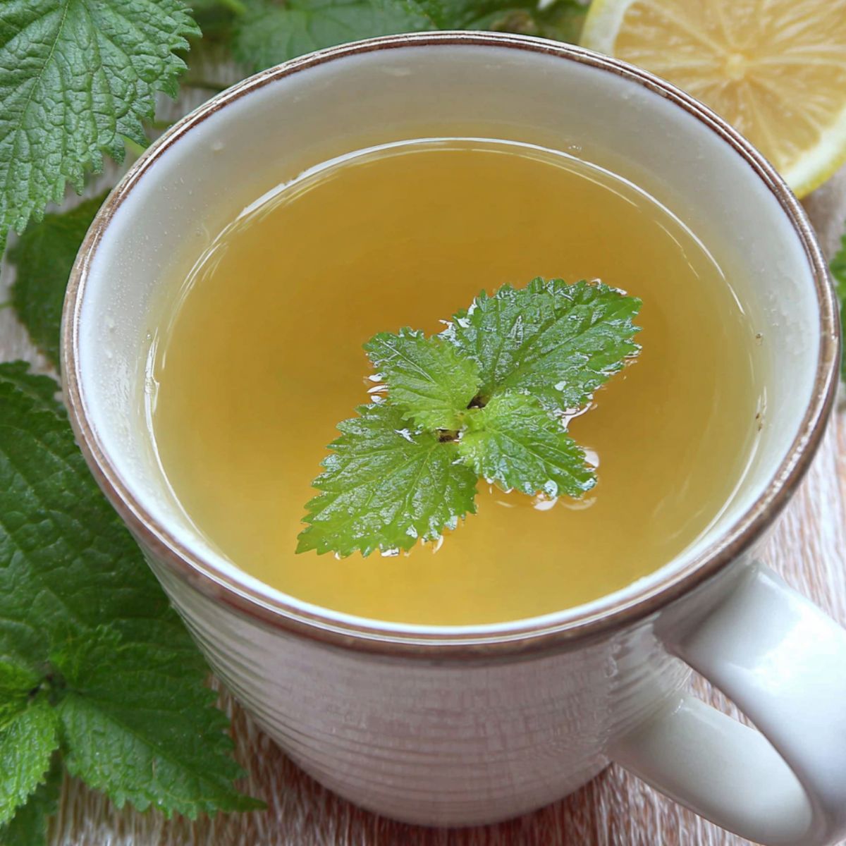 A homemade cup of lemon balm tea recipe on a white kitchen counter, viewed from above.