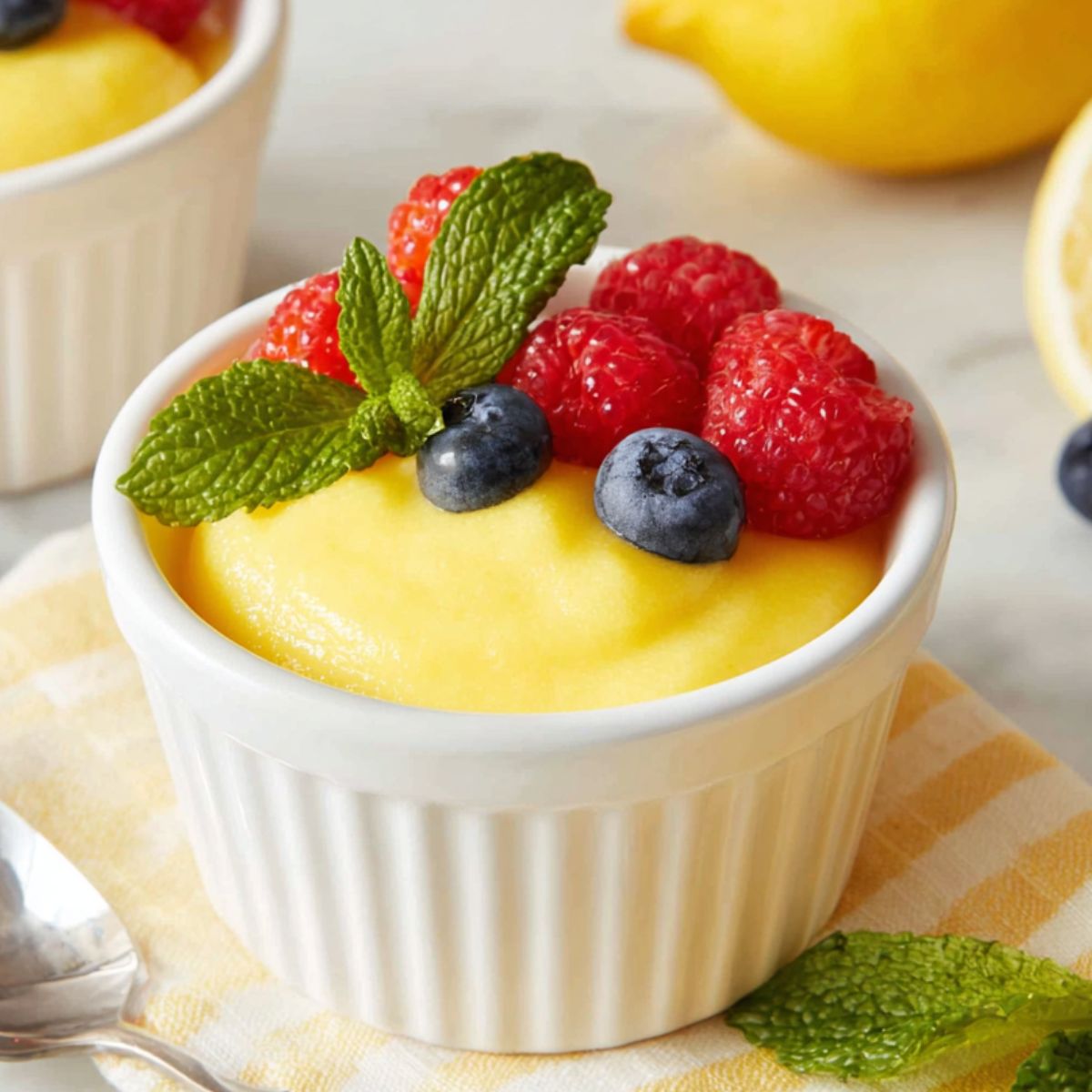 Glass bowl of creamy homemade lemon curd dessert recipe on a white kitchen counter