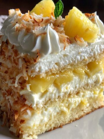 Homemade pineapple coconut dream cake on a white kitchen counter, topped with toasted coconut flakes.