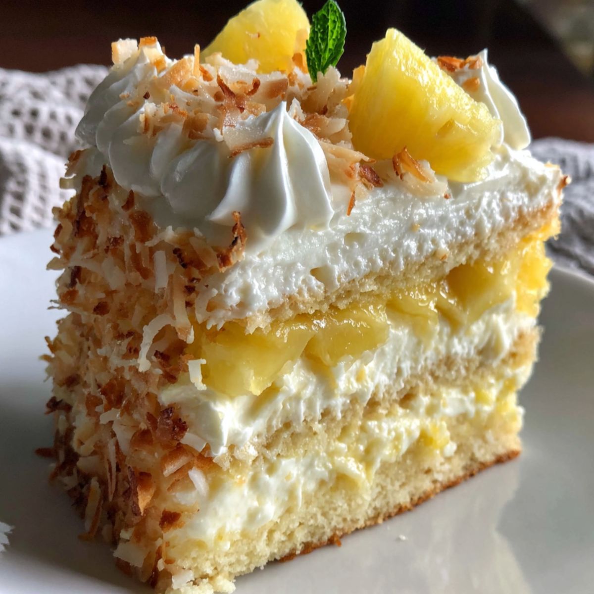 Homemade pineapple coconut dream cake on a white kitchen counter, topped with toasted coconut flakes.