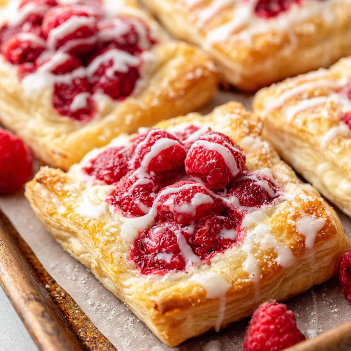 Freshly baked raspberry cream cheese danish pastries cooling on a white kitchen counter.
