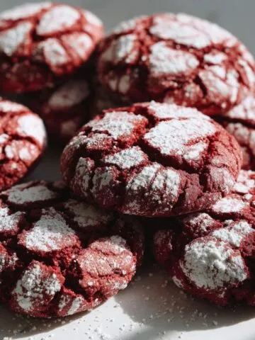 Homemade red velvet crinkle cookies cooling on a white kitchen counter