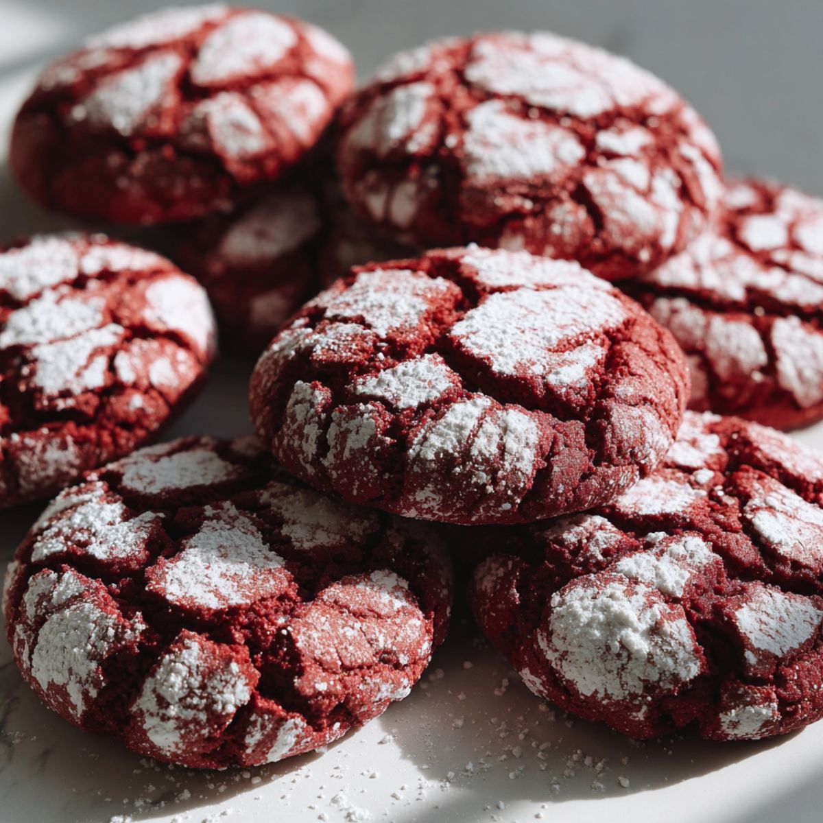 Homemade red velvet crinkle cookies cooling on a white kitchen counter