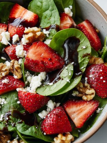 Overhead view of homemade walnut strawberry spinach salad in a ceramic bowl on a white kitchen counter.