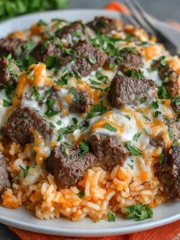 Homemade steak and queso rice in a white plate with melted cheese and juicy steak on rice