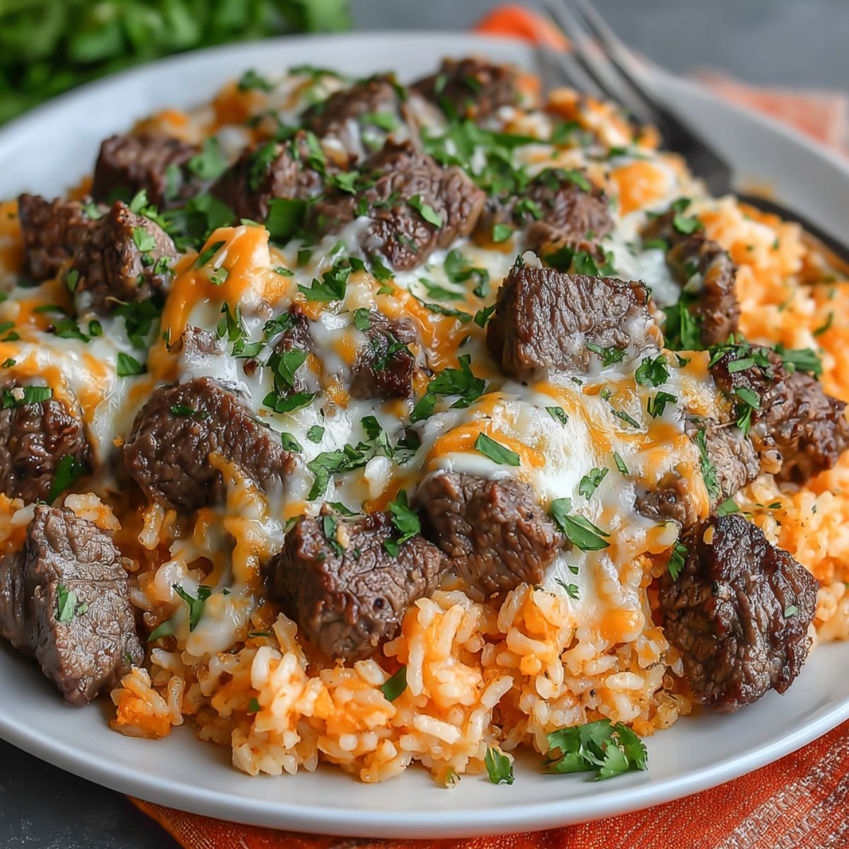  Homemade steak and queso rice in a white plate with melted cheese and juicy steak on rice

