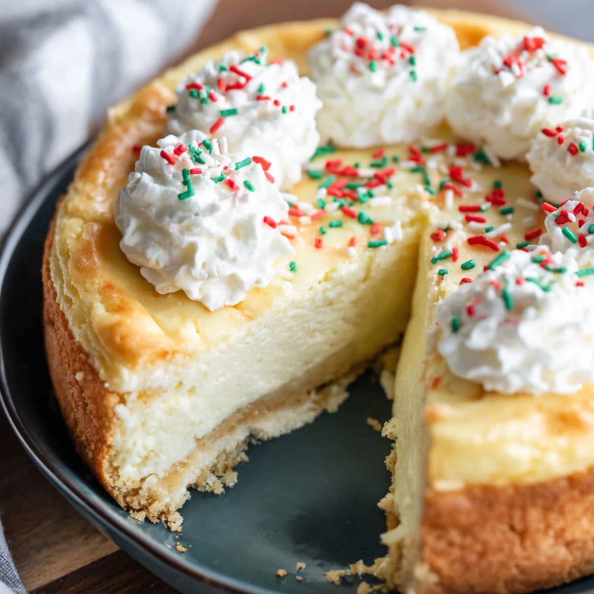 Homemade sugar cookie cheesecake on a white kitchen counter