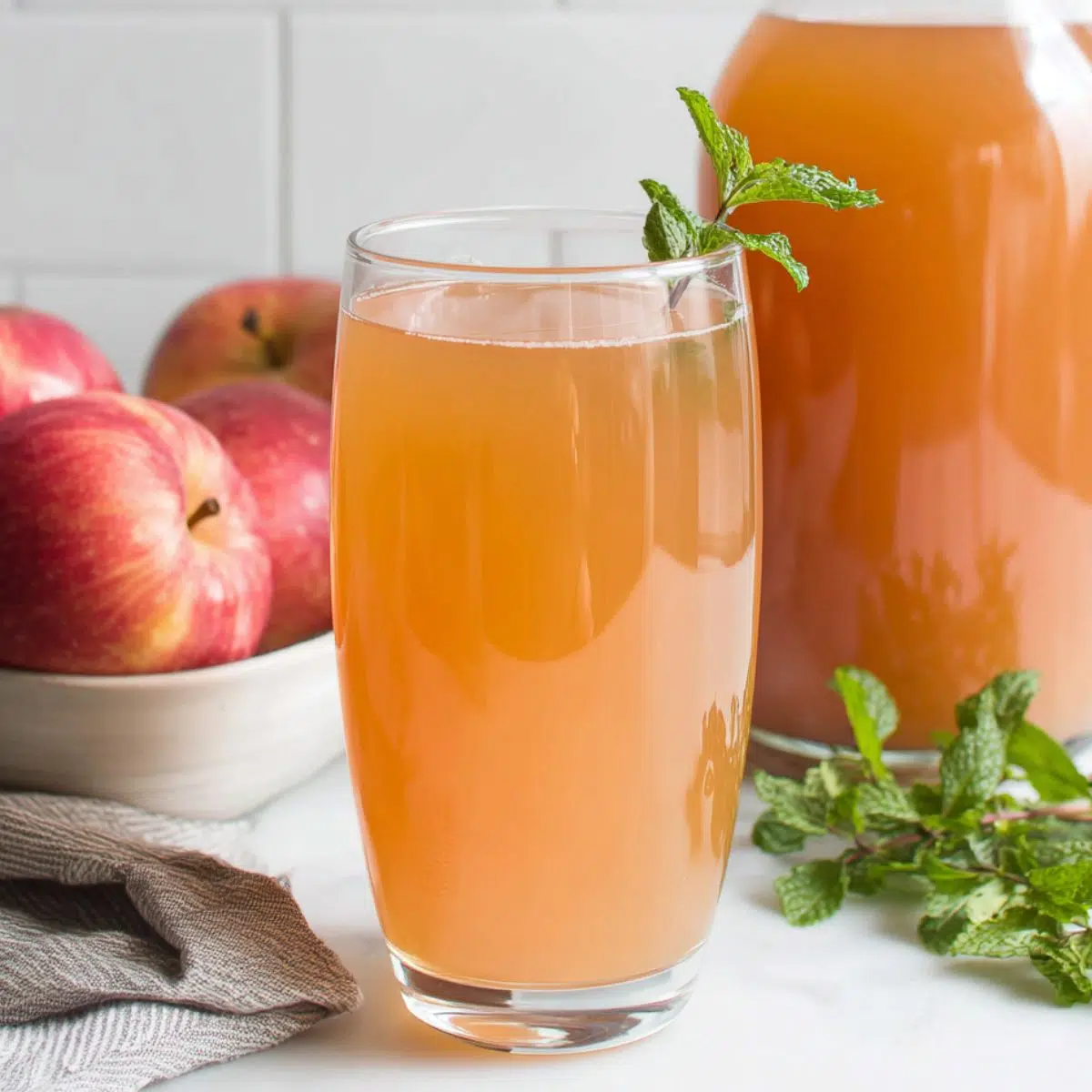 Homemade Sugar Free Apple Juice in a glass on white counter