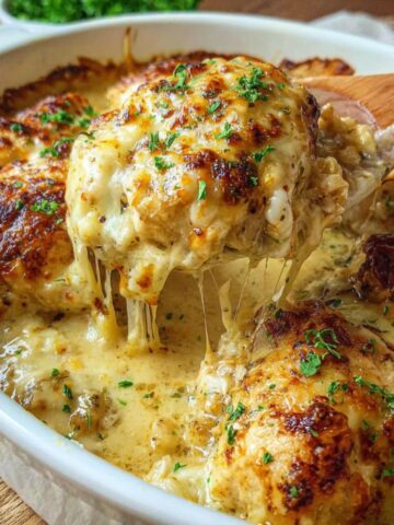 Freshly baked Swiss chicken casserole with golden cheese and cracker topping on a white kitchen counter, overhead view