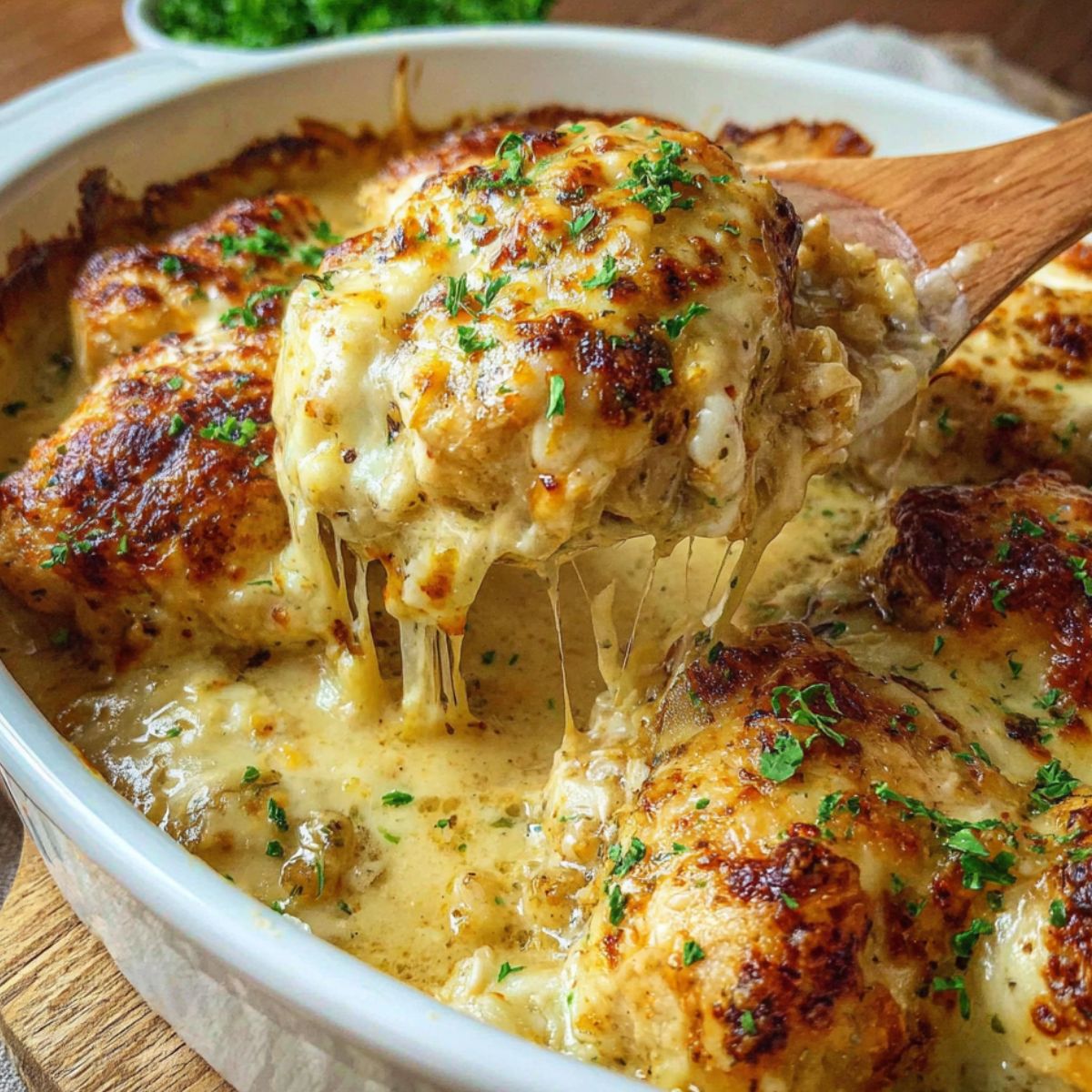 Freshly baked Swiss chicken casserole with golden cheese and cracker topping on a white kitchen counter, overhead view