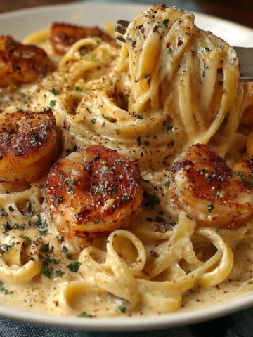 Creamy Cajun shrimp pasta served in a plate on a kitchen counter