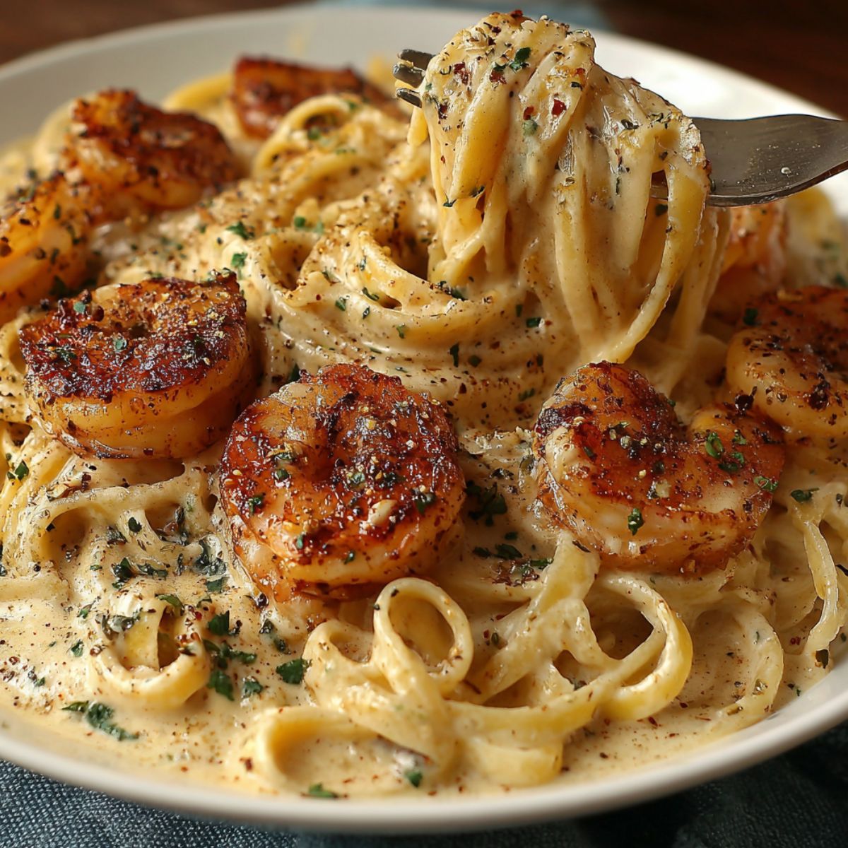  Creamy Cajun shrimp pasta served in a plate on a kitchen counter