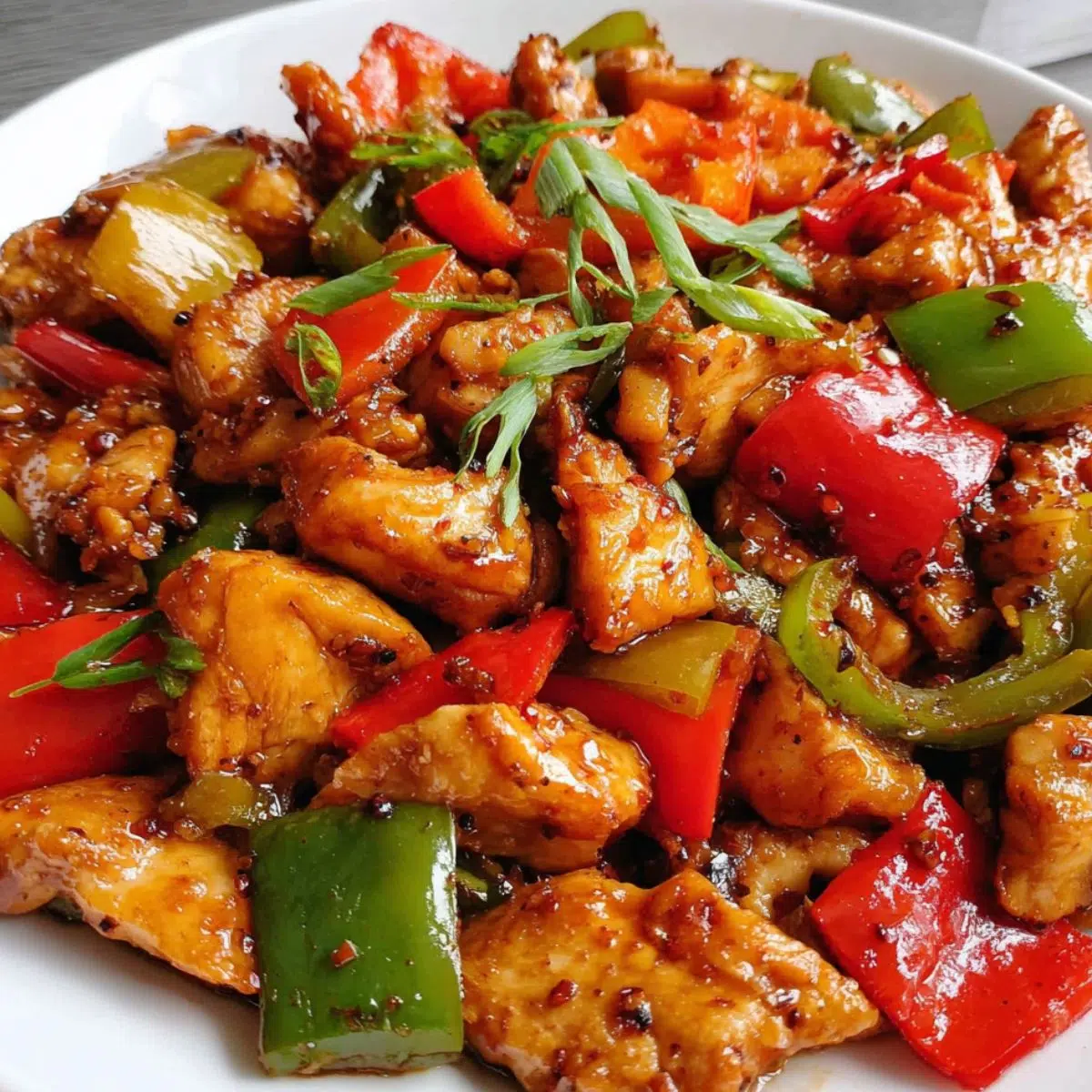 Homemade Chinese black pepper chicken served on a plate with vegetables