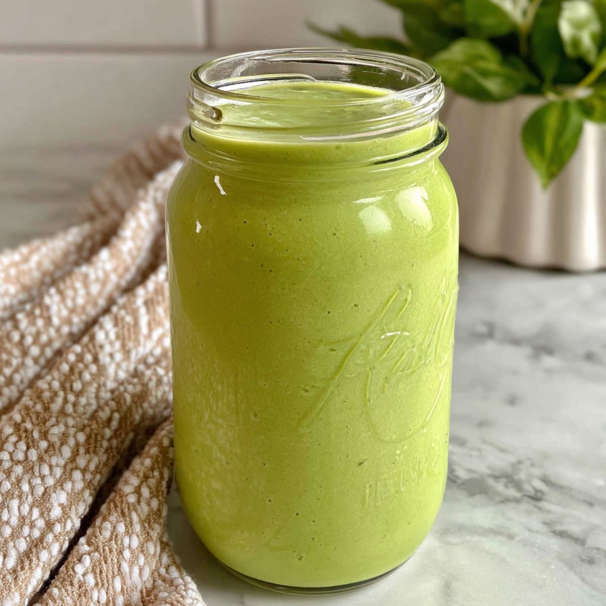 Homemade flat belly smoothie in a mason jar on a white kitchen counter.