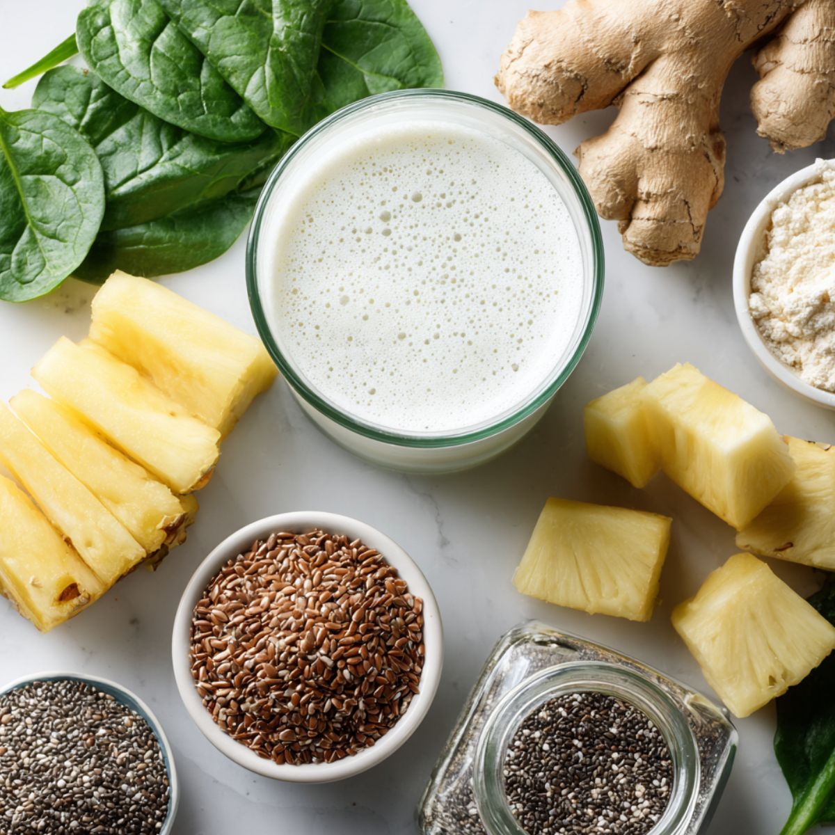 Flat belly smoothie ingredients scattered on a white kitchen counter, shot from above.