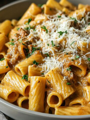 Homemade French onion pasta served in a bowl with melted cheese and caramelized onions
