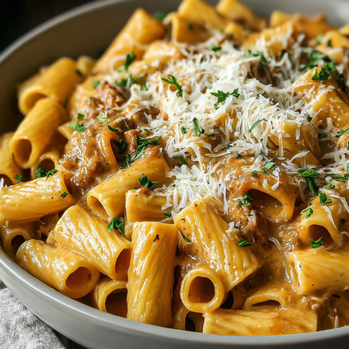 Homemade French onion pasta served in a bowl with melted cheese and caramelized onions