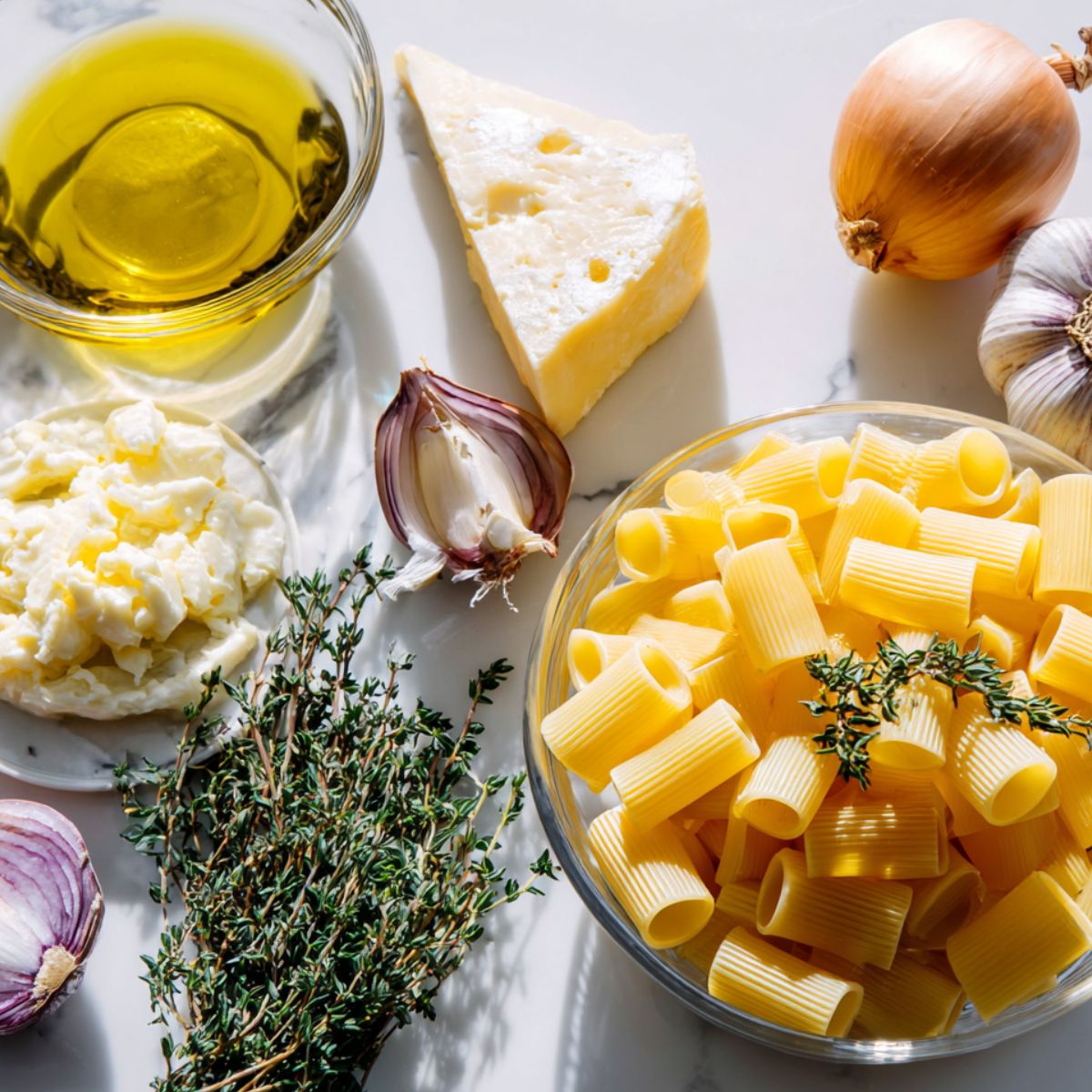 Overhead view of raw ingredients for French onion pasta, including onions, pasta, cheese, garlic, and herbs on a white kitchen counter.