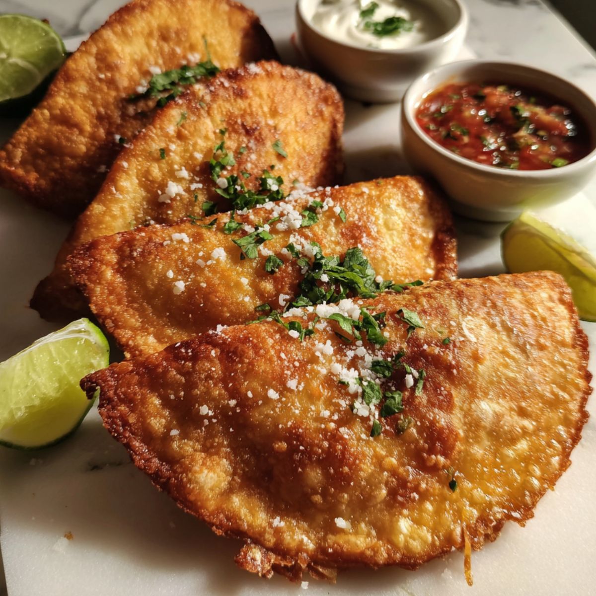 Homemade quesadillas fritas mexicanas on a kitchen counter with salsa and lime, captured from above in a casual setting