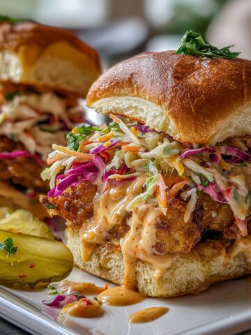 Bang Bang Chicken Sliders with crispy chicken and slaw on slider buns, captured on a white kitchen