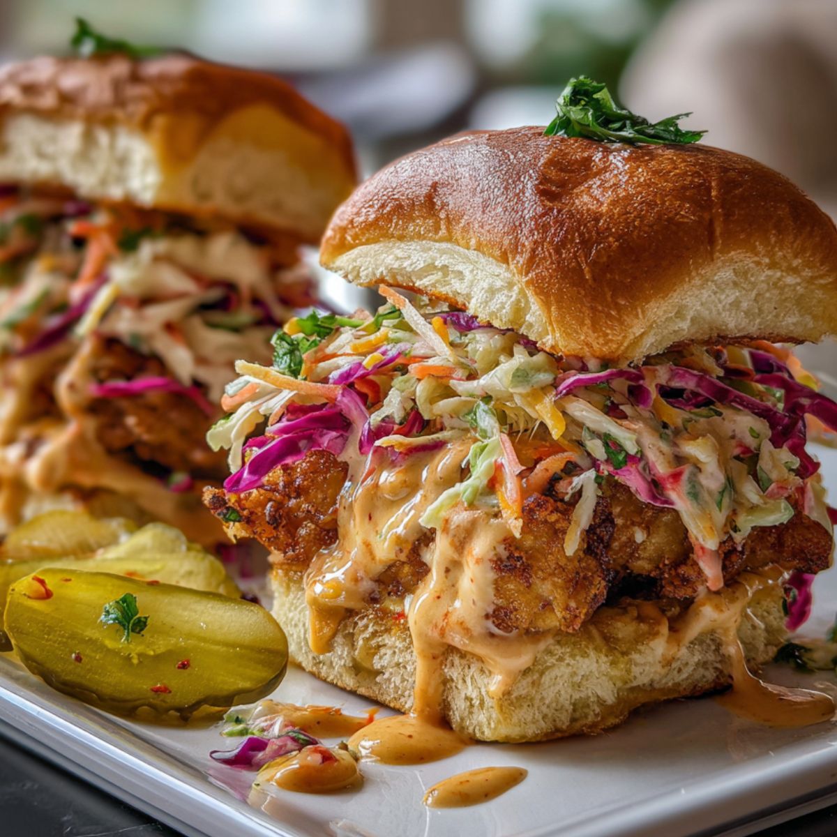 Bang Bang Chicken Sliders with crispy chicken and slaw on slider buns, captured on a white kitchen