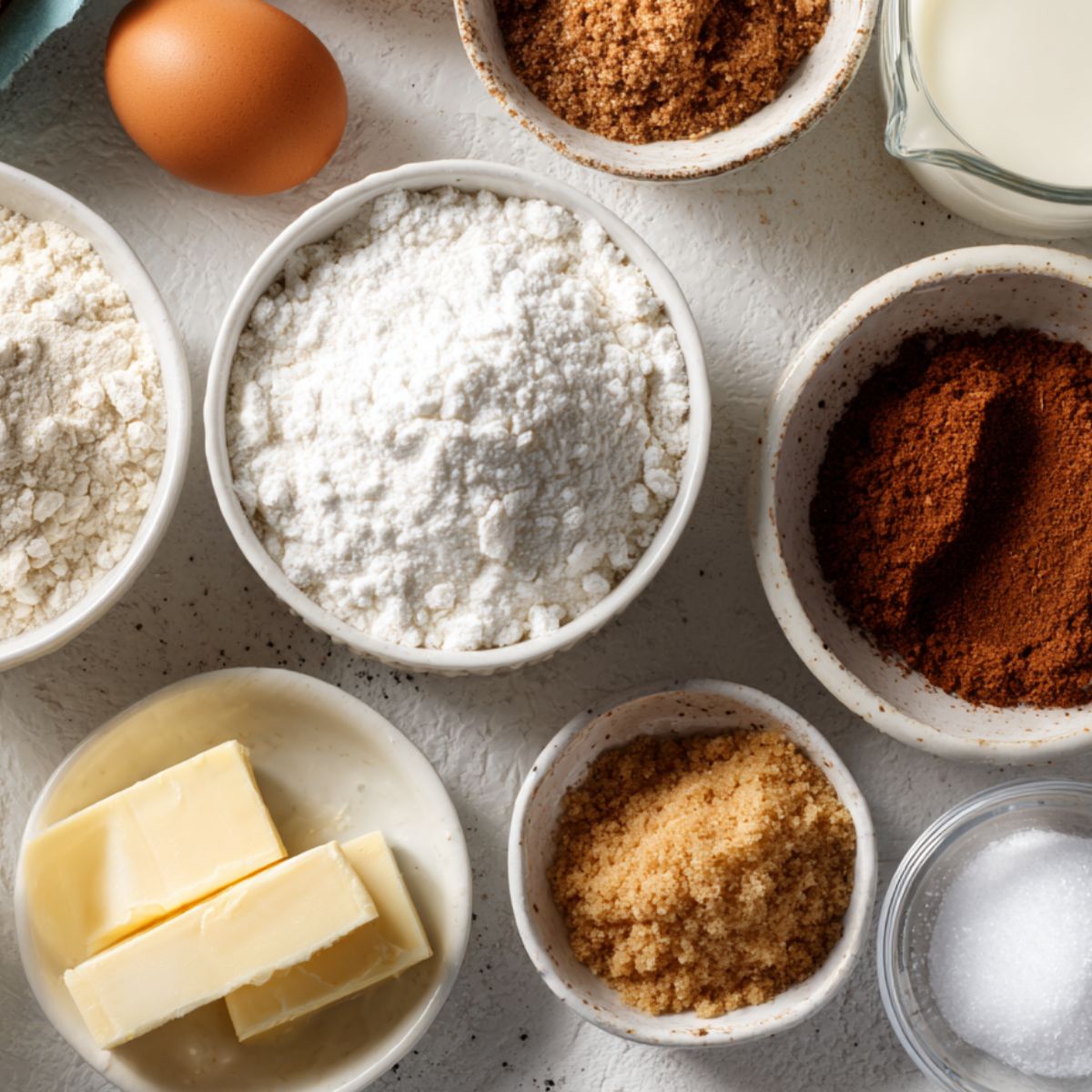 Baking ingredients for cinnamon donut bread arranged casually on a white counter.