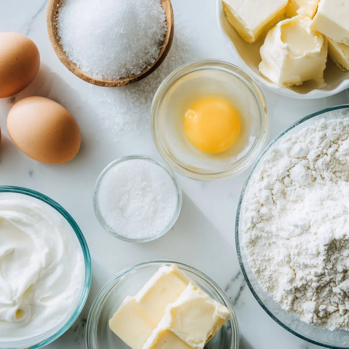 Bowl of coconut cream, flour, eggs, and other ingredients for pancakes