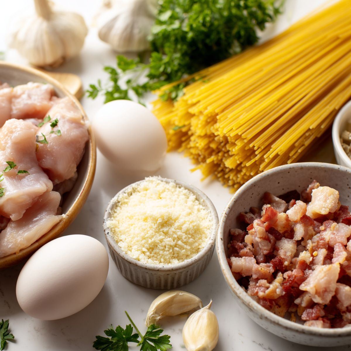 Ingredients laid out for chicken carbonara pasta on a white counter