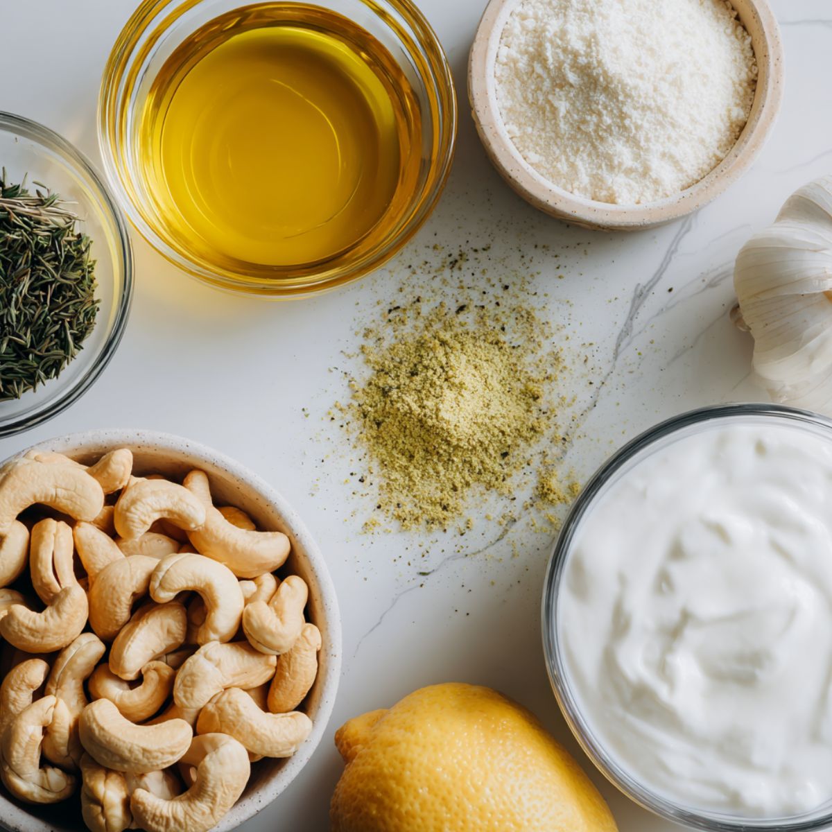  Flat lay of healthy alfredo sauce ingredients on a white kitchen counter.