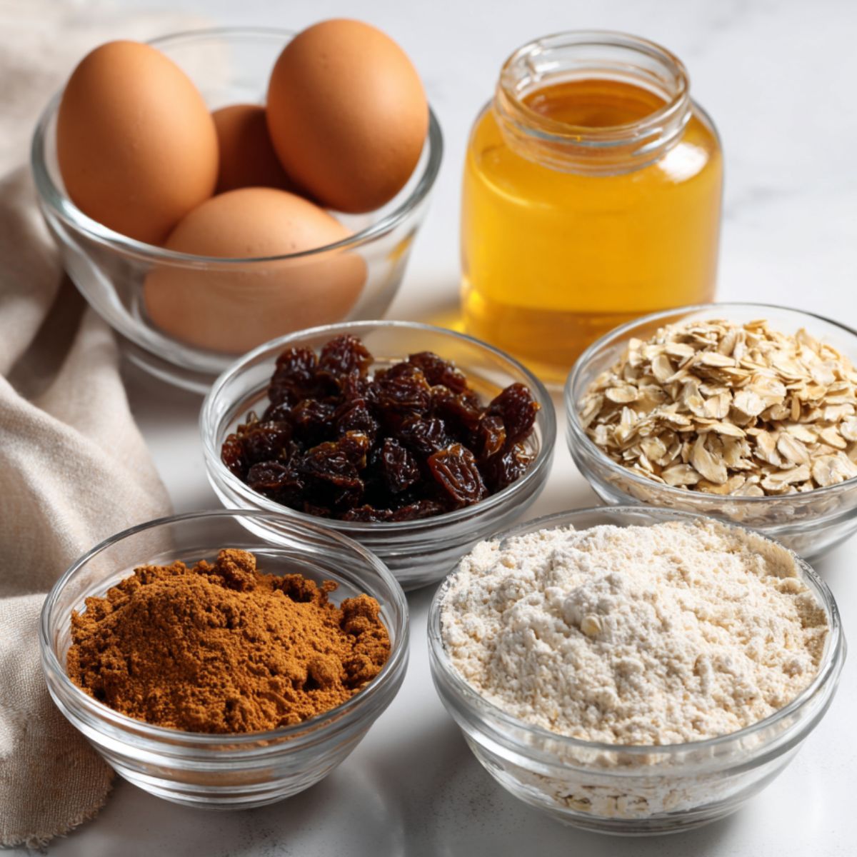 Ingredients for healthy oatmeal raisin cookies casually placed on a white kitchen counter